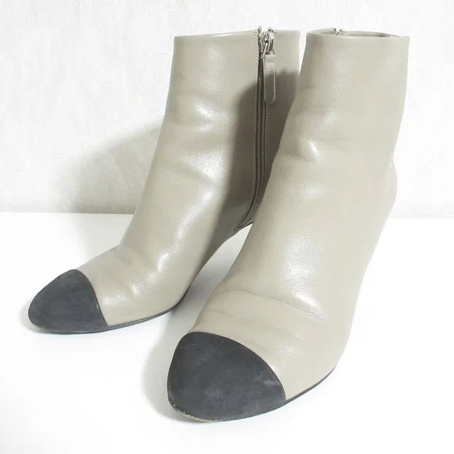 Chanel Logo Heels Bicolor Side Zip Short Boots 35C Greige Black Autumn Winter in Black from The Reluxe