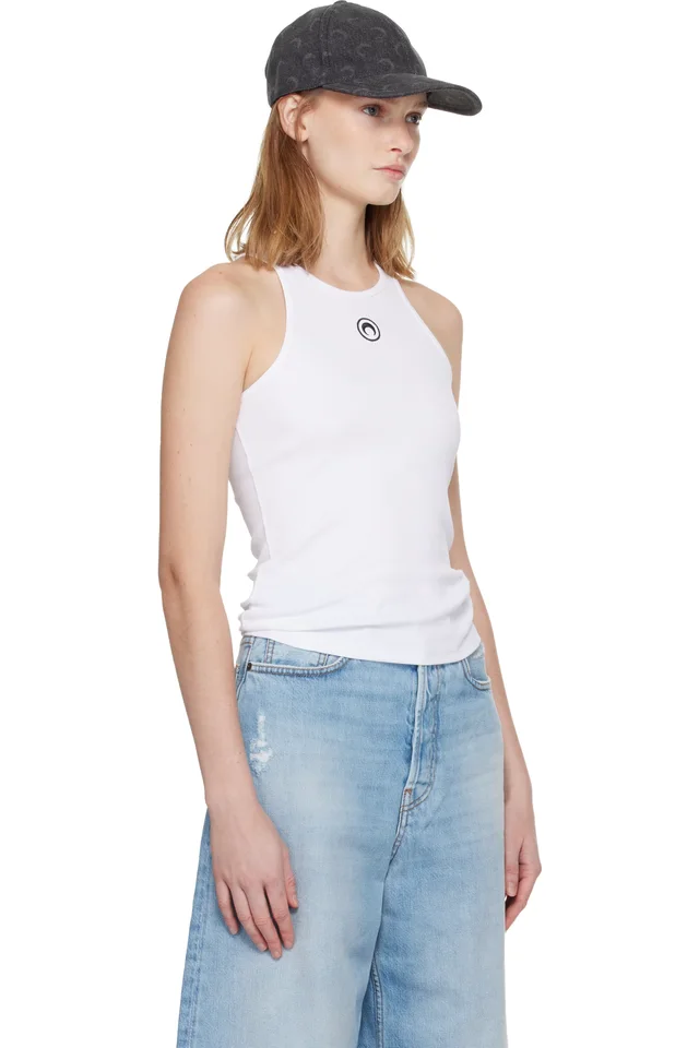 Marine Serre White Moon Logo Ribbed Jersey Tank Top, photo 2 of 4 from SSENSE