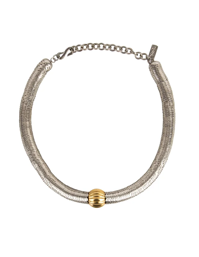 Saint Laurent Haute Couture Vintage Silver Stacked Serpentine and Gold Ball Choker Necklace in Gold from Amarcord Vintage Fashion