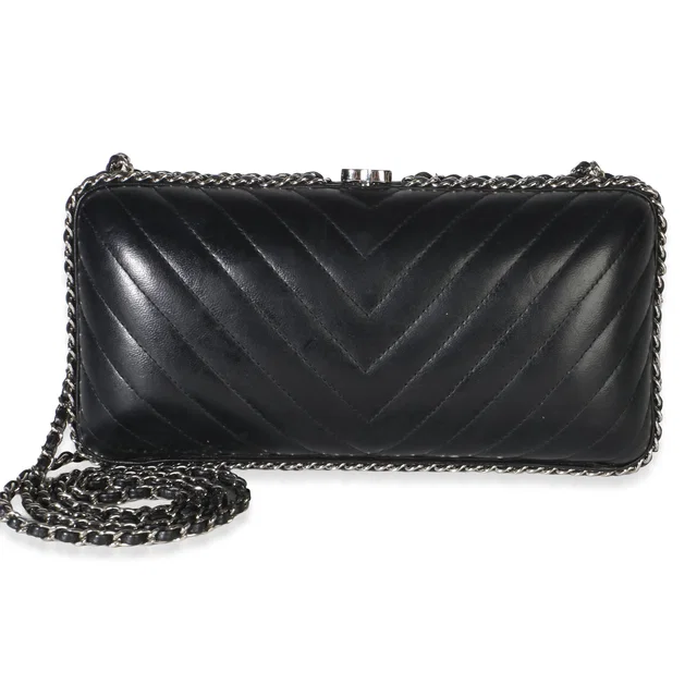 Chanel Black Chevron Lambskin Chain Around Box Clutch in Black Lambskin from myGemma