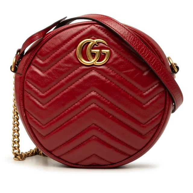 Red Gucci Mini GG Marmont Matelasse Leather Round Crossbody in Red Leather from Designer Revival