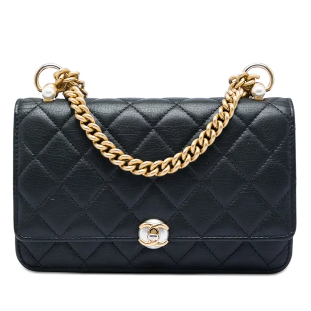 Black Chanel CC Quilted Lambskin Pearl Wallet on Chain Crossbody Bag in Black Lambskin from Designer Revival