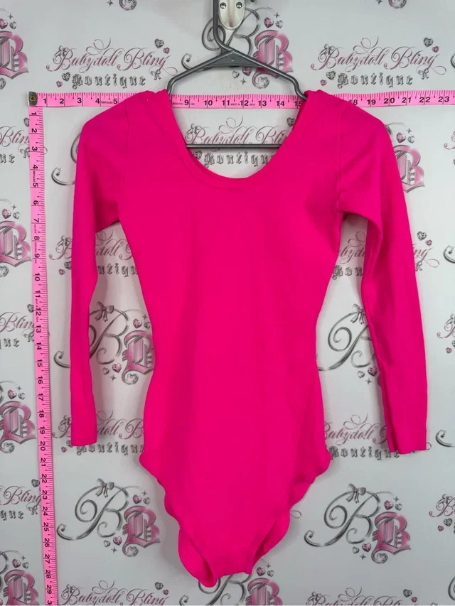 Tudor Vintage Leotard Workout Onsie Neon Pink Long Sleeve Scoop Neck Bodysuit in pink from Poshmark