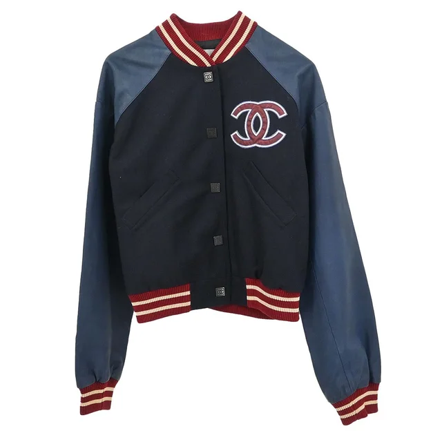 Chanel 2004 Sport Line Spring Letterman Bomber Jacket Navy #36 in Navy Lambskin from AMORE Vintage Tokyo