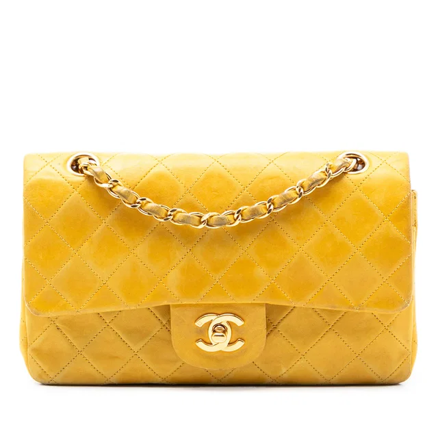 Yellow Chanel Small Classic Lambskin Double Flap Shoulder Bag in Yellow Lambskin from Designer Revival