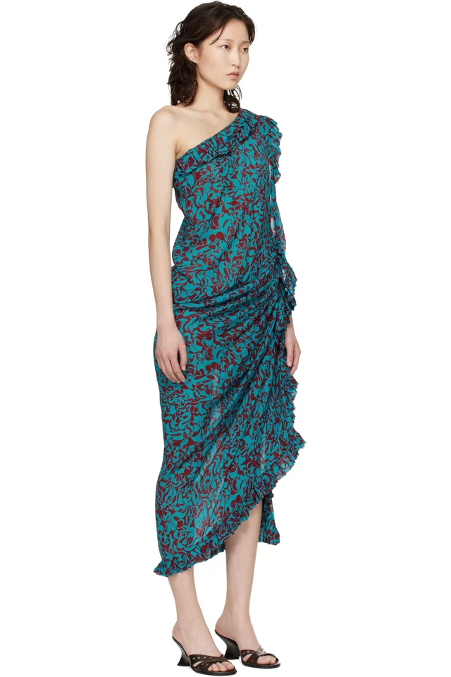 Dries Van Noten Blue & Burgundy Graphic Midi Dress, photo 2 of 4 from SSENSE
