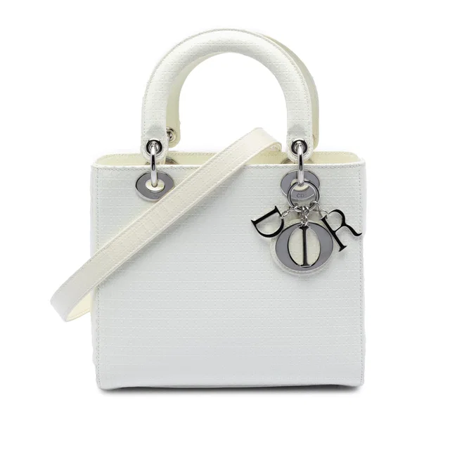 White Dior Medium Patent Microcannage Lady Dior Satchel in White Patent leather from Designer Revival