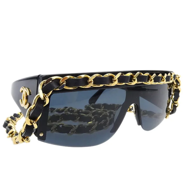 Chanel Chain Sunglasses Eyewear Black Small Good in Black Resin from AMORE Vintage Tokyo