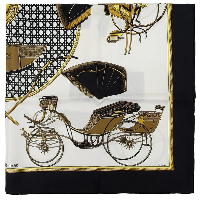 Hermès Carre 90 LES VOITURES S TRANSFORMATION scarf White/Black in Black Silk from VINTAGE QOO TOKYO