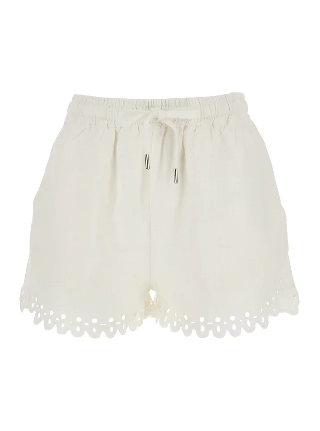 MARANT ETOILE Balyme White Shorts with Elastic Waist and Drawstring and Scalloped Hem in Cotton for Women in White 100% Cotton, photo 2 of 6 from Gaudenzi Boutique
