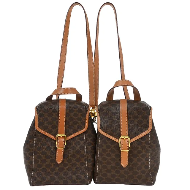 Celine Brown PVC Macadam Twin Backpack in Brown Leather from AMORE Vintage Tokyo