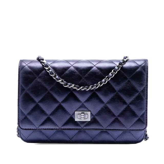 Blue Chanel Quilted Shiny Aged Calfskin Reissue 2.55 Wallet on Chain Crossbody Bag in Blue Calfskin from Designer Revival