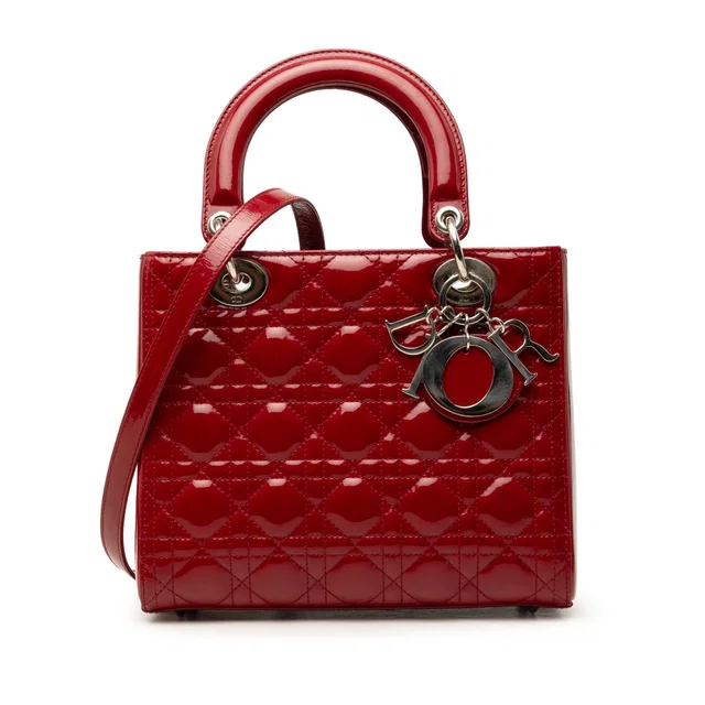 Red Dior Medium Patent Cannage Lady Dior Satchel in Red Patent leather from Designer Revival