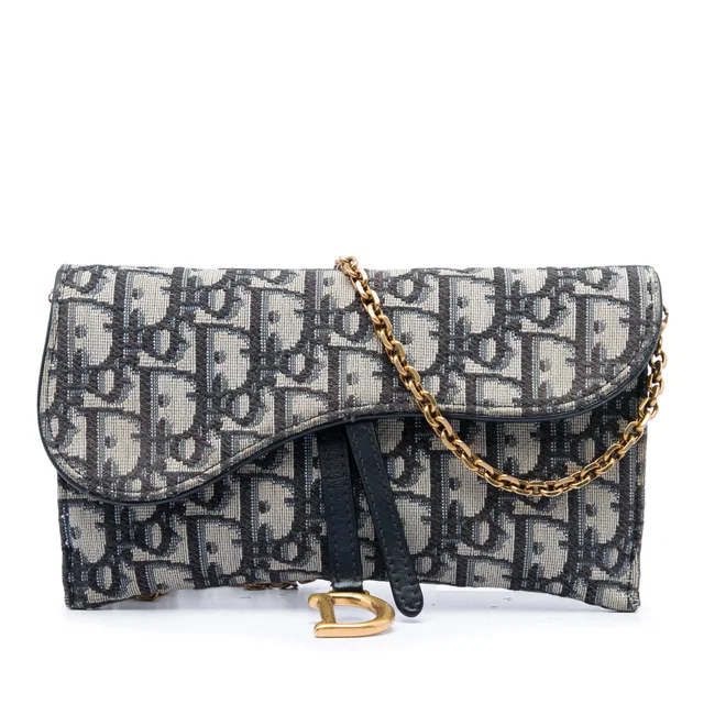 Blue Dior Oblique Canvas Saddle Wallet On Chain Crossbody Bag in Blue Canvas from Designer Revival
