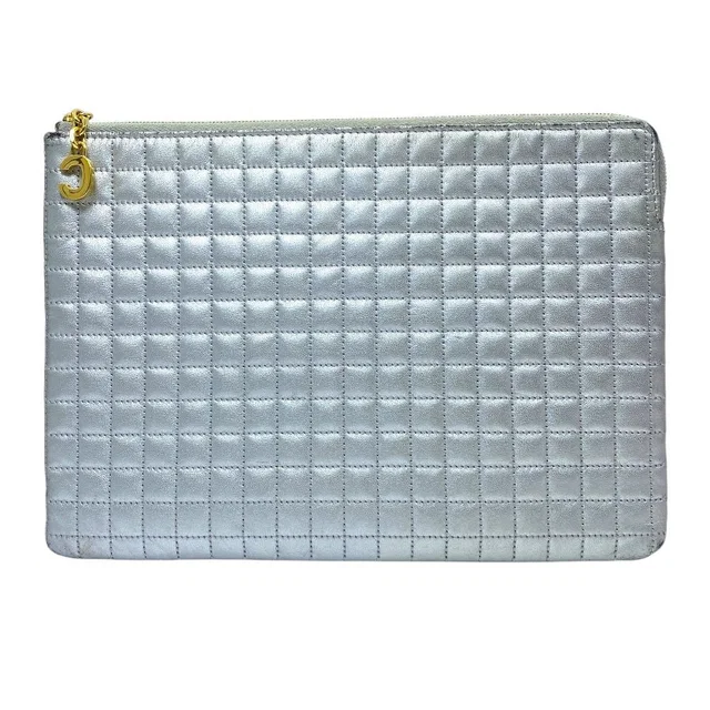 Celine C Charm Clutch Pouch Quilted Leather Silver Lightweight Capacity in Silver Leather from The Reluxe