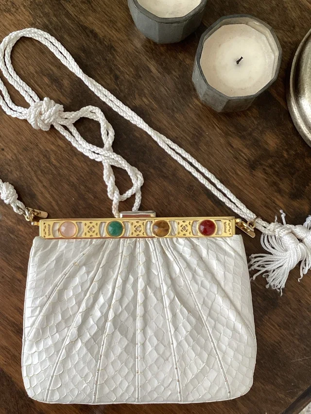 Judith Leiber White Snakeskin Clutch With Multicolor Gem Frame in gold|white from Poshmark