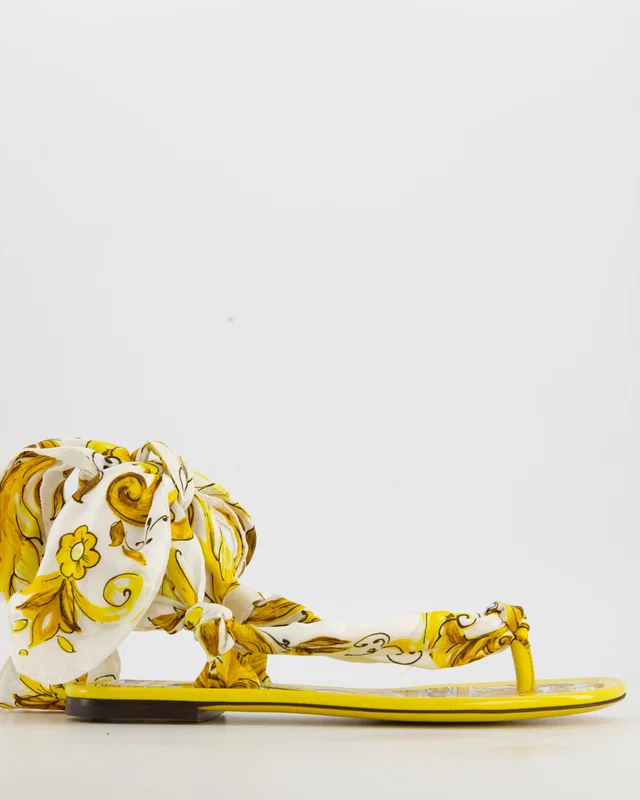 Dolce & Gabbana Yellow Maiolica Capri Scarf Leather-Trim Printed Twill Sandals Size EU 38.5 in Yellow Leather from Sellier