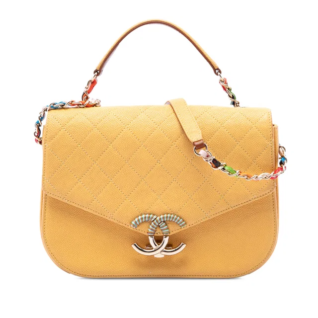Yellow Chanel Paris Cuba Medium Quilted Caviar Thread Around Flap Satchel in Yellow Caviar leather from Designer Revival