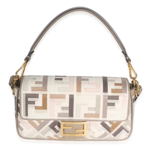 Fendi Grezzo Multicolor Tortora Canvas Multicolor FF Embroidered Baguette Bag in Multicolor Canvas from myGemma