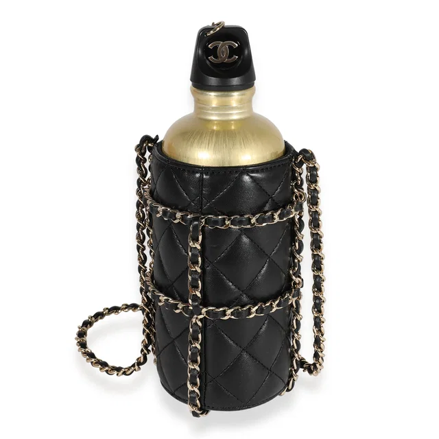 Chanel Gold Metal Water Bottle & Black Quilted Lambskin Holder in Black Lambskin from myGemma