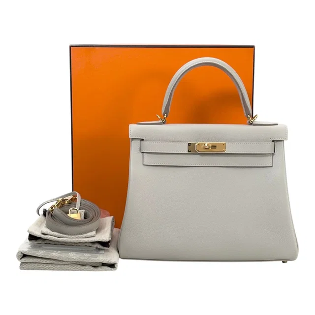 Hermès Kelly 28cm in Gris Perle Evercolour with GHW - Full Set in Grey from Luxury Promise