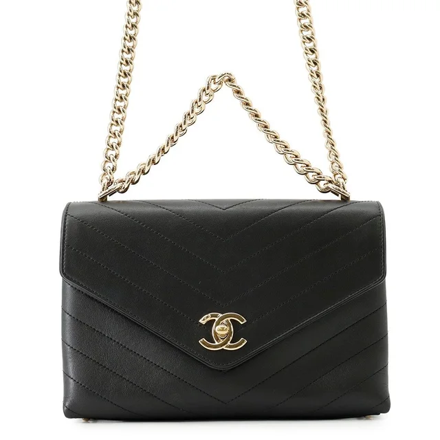 Chanel Chain Shoulder Bag Blanc CC Logo Leather Stitch Black 2-Way in Black Leather from The Reluxe