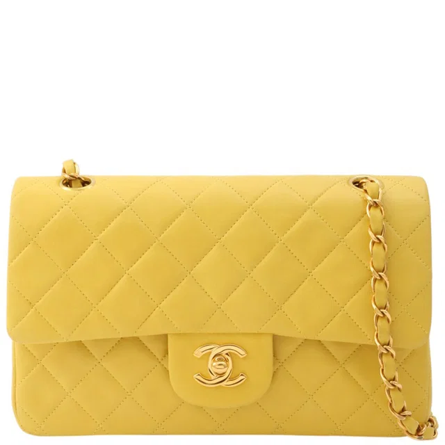 Chanel 1998 Classic Flap Chain Bag, 23cm, Yellow in Yellow Lambskin from VINTAGE QOO TOKYO