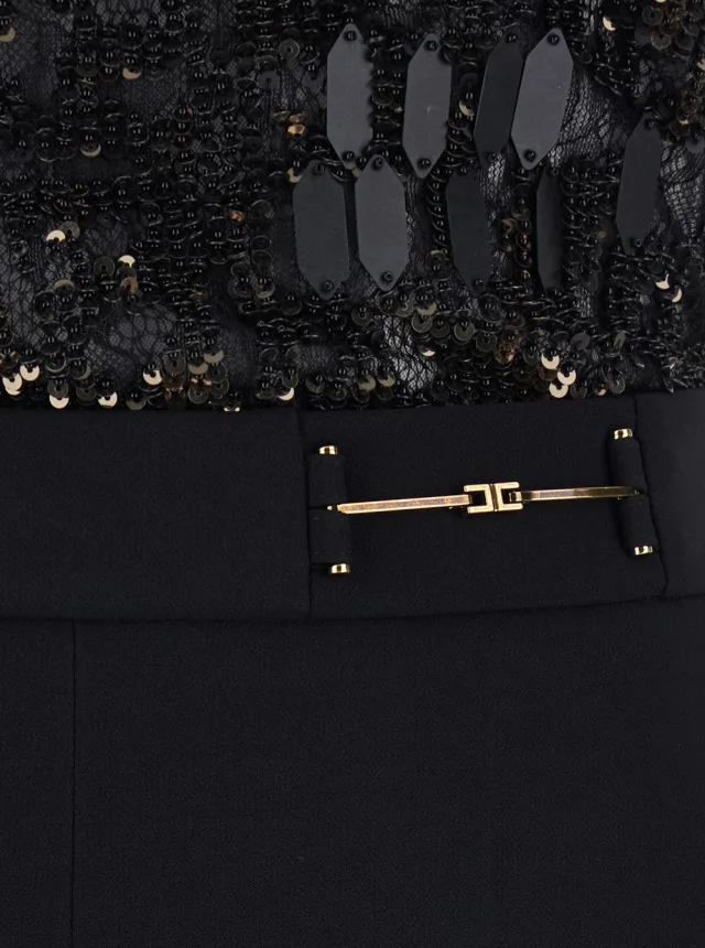 ELISABETTA FRANCHI Black Sleeveless Jumpsuit with Round Neck and Lace Embroidery on the Upper Part in Stretch Tech Fabric for Women in Black 95% Polyester 5% Elastane, photo 5 of 6 from Gaudenzi Boutique