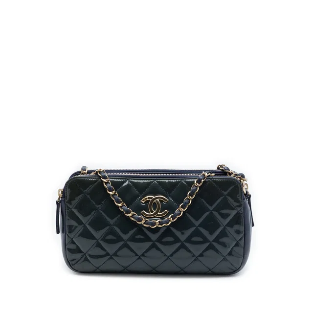Blue Chanel Quilted Patent CC Crown Double Zip Crossbody in Blue Patent leather from Designer Revival