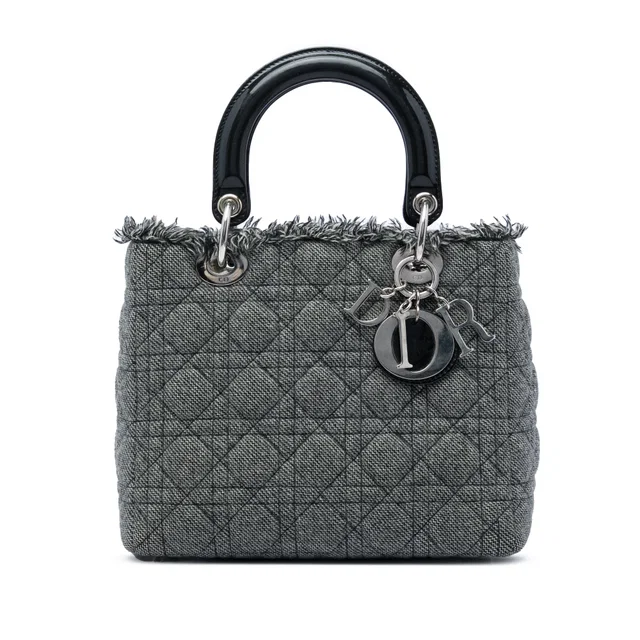 Gray Dior Medium Tweed Cannage Lady Dior Satchel in Grey Tweed from Designer Revival