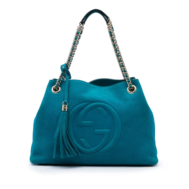 Blue Gucci Medium Calfskin Soho Chain Tote in Blue Calfskin from Designer Revival