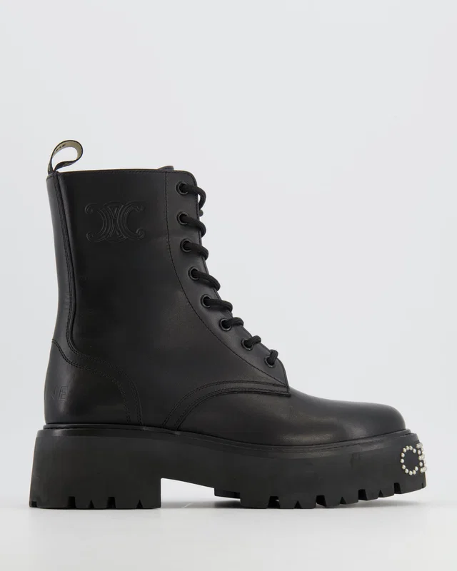 Celine Black Leather Lace-Up Combat Boots with Silver Stud Logo and Embossed Triomphe Logo Detail… in Black Leather from Sellier