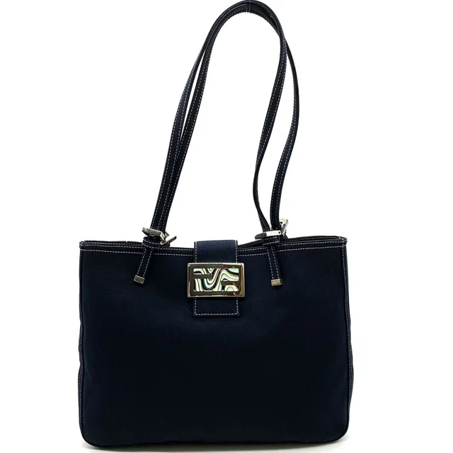 Fendi Tote Marble FF Logo Shoulder Bag Mamma Bucket Canvas Navy in Navy Canvas from The Reluxe