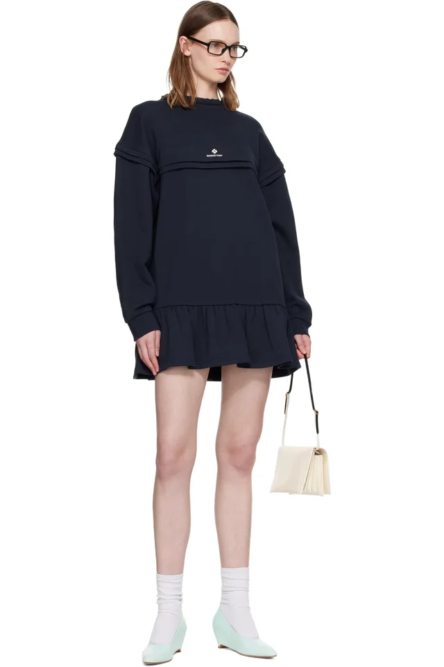 SHUSHU/TONG Navy Raw-Edge Wave Collar Tuck Detail Sweatshirt Minidress, photo 4 of 4 from SSENSE