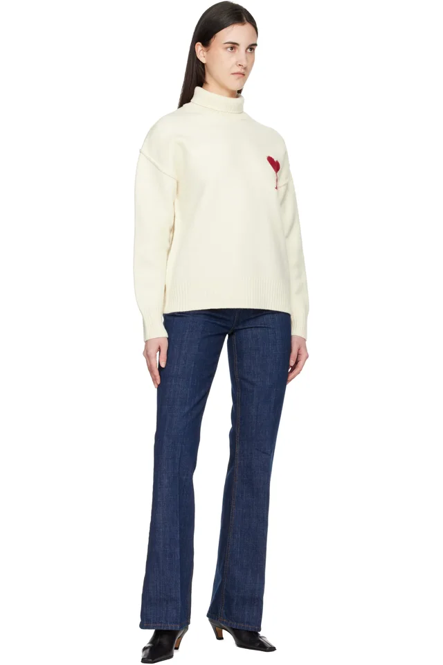 AMI Paris Off-White Contrasted Ami de Coeur Funnel Neck Sweater, photo 4 of 4 from SSENSE