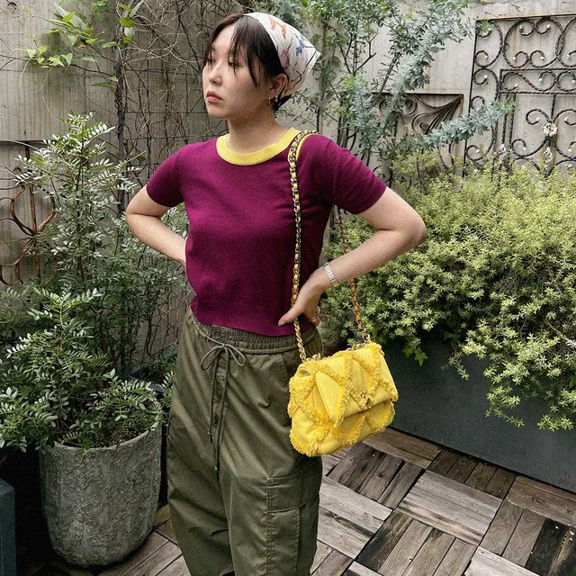 Chanel 1995 Bicolor Knit Short-Sleeved Top - Purple/Yellow in Purple Cashmere from VINTAGE QOO TOKYO
