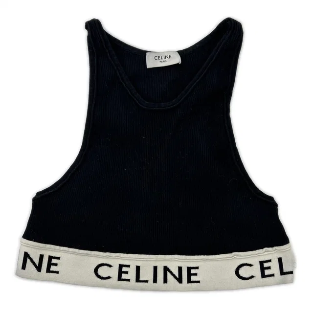Celine Black Logo Calfskin Chic Knit Tank Top XS Sweater in Black Calfskin from The Reluxe