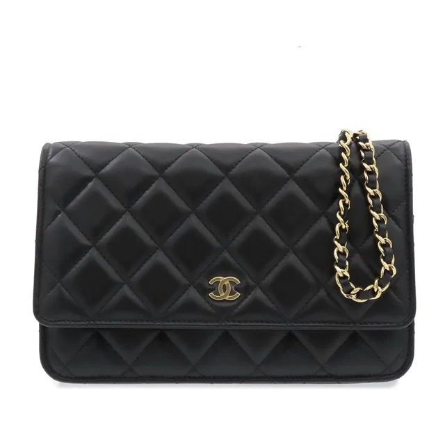 Chanel Chain Wallet Quilted Shoulder Bag Black Gold Lambskin in Black Lambskin from The Reluxe