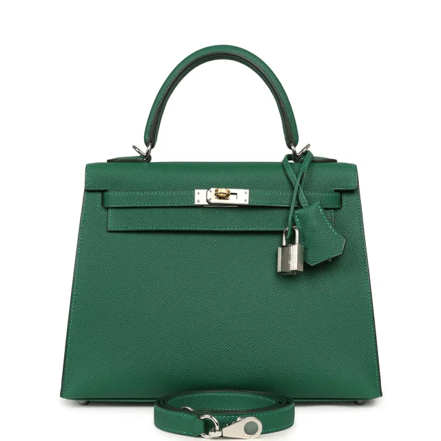 Hermès Kelly Sellier 25 Vert Moyen Epsom Electrum Hardware in Green Epsom leather from Madison Avenue Couture