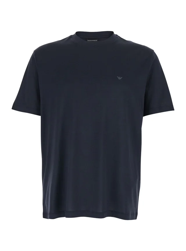 Emporio armani Blue Crew Neck T-Shirt with Logo Embroidery on the Front in Cotton Blend for Men in Blue 70% Lyocell 30% Cotton, photo 2 of 5 from Gaudenzi Boutique