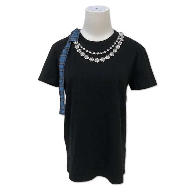 Miu Miu Black Crystal-Necklace Plaid-Trim T-Shirt size S in Black from Luxury Promise