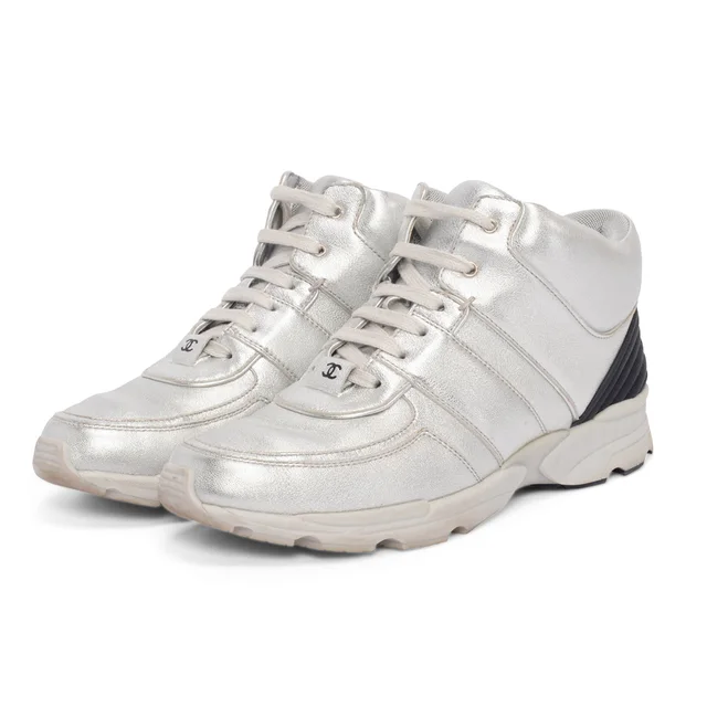 Chanel Metallic Leather High Top Sneakers 39 in Silver Leather from Blue Spinach