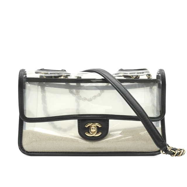 Chanel Sand By The Sea Chain Shoulder Bag Black Clear Vinyl Sand Lamb Skin Gold Hardware in Black Leather from Luxury Promise