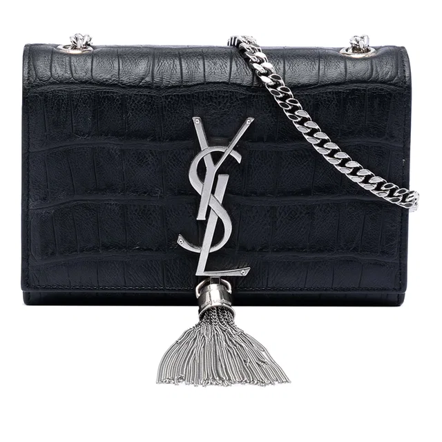 Black Saint Laurent Small Croc Embossed Leather Monogram Kate Tassel Crossbody in Black Crocodile from Designer Revival