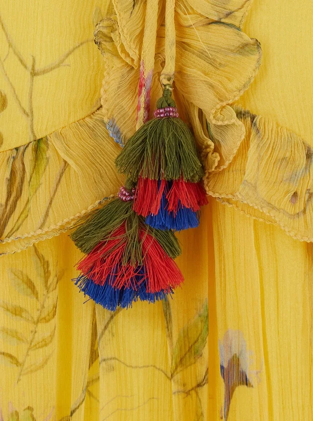 DERHY 'Madrugada' Yellow Long Dress with All-Over Floral Motif and Fringes on the Front in Viscose for Women in Yellow 100% Viscose, photo 6 of 6 from Gaudenzi Boutique