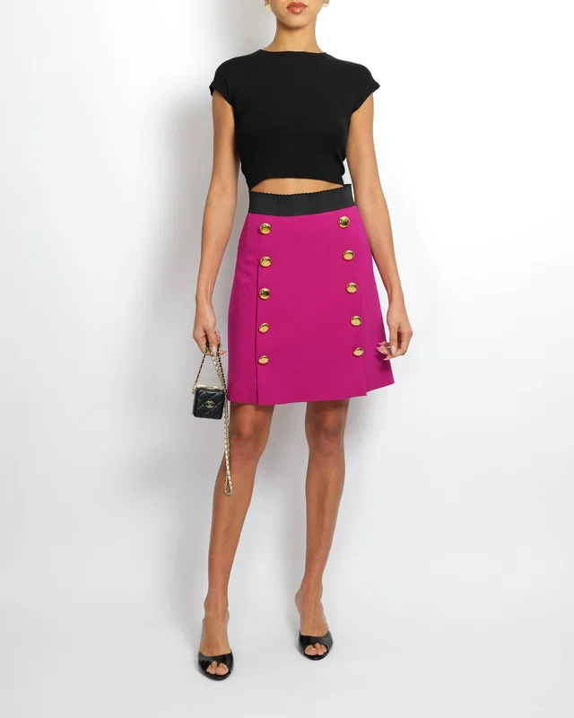 Dolce & Gabbana Pink Wool Mini Skirt with Black Waistband and Gold Buttons Detail Size IT 44 (UK 12) in Black Wool from Sellier