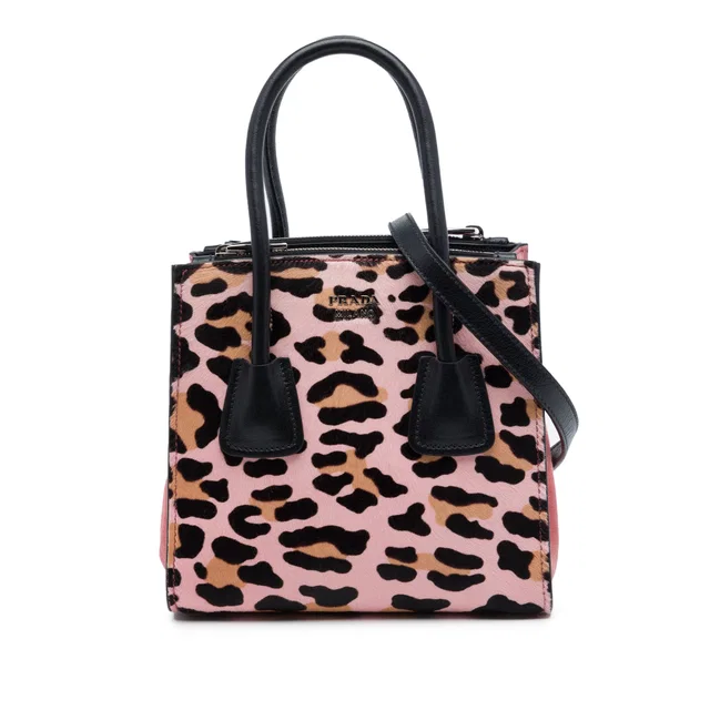 Pink Prada Mini Pony Hair Leopard Print Cavallino Twin Pocket Satchel in Pink Suede from Designer Revival