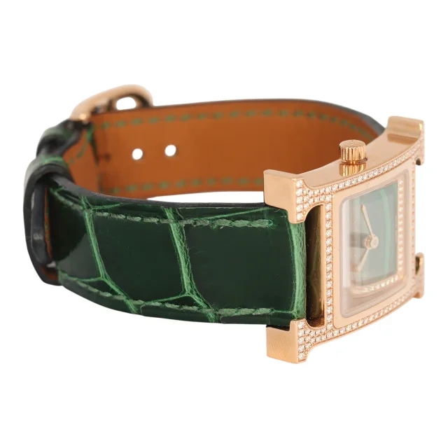 Hermès Heure H Watch S Vert Shiny Alligator, Malachite, Diamonds, Rose Gold in Green Crocodile from Madison Avenue Couture, photo 9 of 10