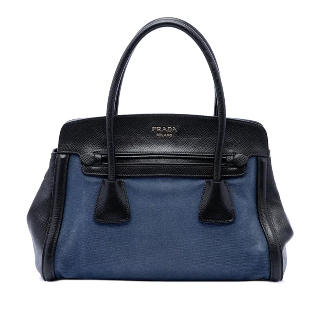 Blue Prada Bicolor Saffiano Cuir Trimmed Canvas Satchel in Blue Saffiano leather from Designer Revival