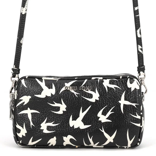 Miu Miu Swallow Print Shoulder Black/White5ZH011 Leather in Black Leather from GALLERY RARE